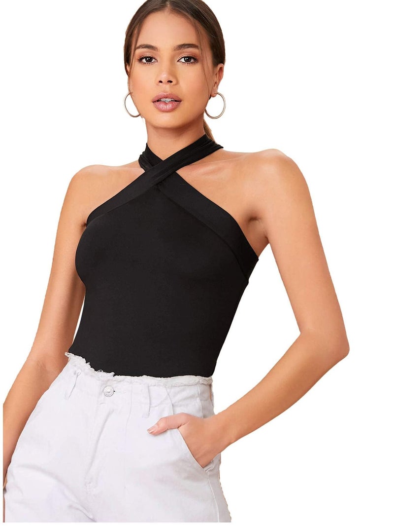 Floerns Women's Solid Criss Cross Halter Top Sleeveless Tee Shirt A Black L - Image 1